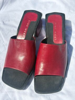 Nine West Red Leather Open-Toe Slide Mules